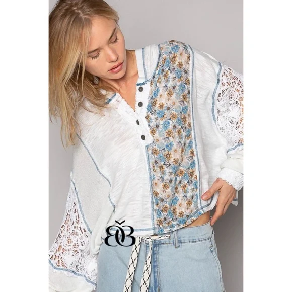 POL Ivory & Blue Floral Panel Lace Detail Half Button Hoodie Oversized - Picture 4 of 9